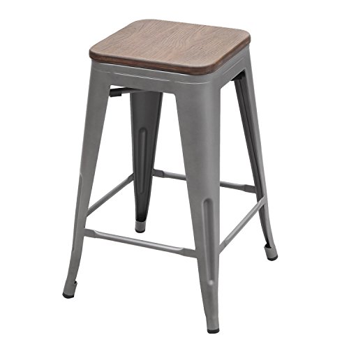 Asense 24-inch Metal Counter Stools with Wooden Top (Set of Two) (Gunmetal Leg)