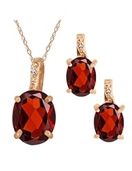 5.67 Ct Oval Red Garnet Gold Plated Sterling Silver Pendant Earrings Set