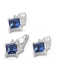 Sterling Silver Blue Sapphire CZ Stud Earring & Necklace Set