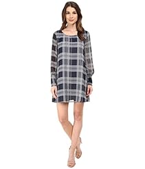 Round Neck Long Sleeves Sheer Fall Plaid Print  Dress