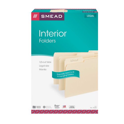 Smead Interior Folder, Legal, 1/3 Cut Tab, Manila, 100 per Box (15230)