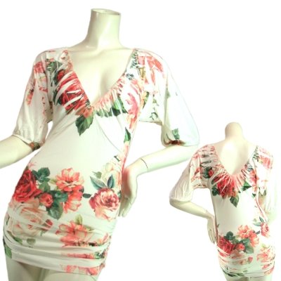 ミニワンピースバラプリントサブリメーションサイドシャーリング深Ｖ５分袖ロングチュニックとしてもＬＡＳｅｄｕｃｅ20081162