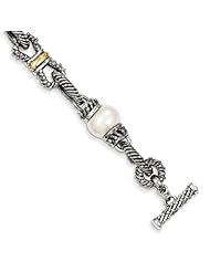 Genuine Sterling Silver & 14K 1 0 -1 0 .5 mm Freshwater Cultured Pearl 7.5 Inch Bracelet 2 2 Grams Of Gold