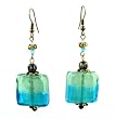 Earrings - E304 - Murano Style Glass - Square ~ Aqua and Green