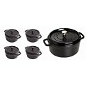 Staub 4-Quart Cast Iron Cocotte with 4 Mini Ceramic Cocottes, Black