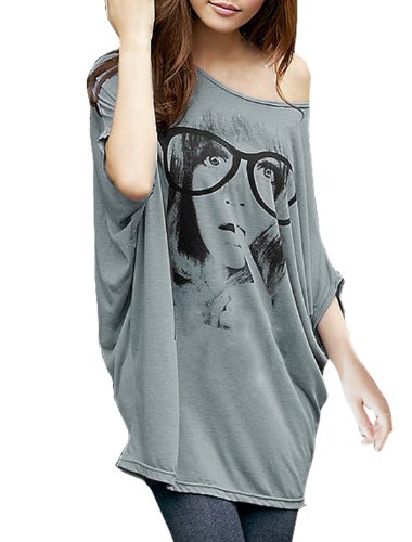 Allegra K Women Batwing Sleeve Portrait Letters Print Front Tunic Shirt