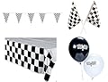 Racing Decorations Party Pack Bundle Black & White Checkered (Tablecover, 100 ft Pennant Banner, Racing Finish Line flags & Balloons)