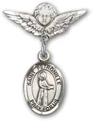 Sterling Silver Baby Badge with St. Petronille Charm and Angel with Wings Badge Pin