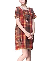 Short Sleeves Round Neck Cotton Plaid Print  Dress