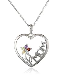 Sterling Silver, Diamond-Accent and Multi-Gemstone MOM with a Flower Heart Pendant Necklace, 18"