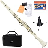 Mendini MCT-W+SD+PB White ABS B Flat Clarinet with Case, Stand, Pocketbook, Mouthpiece, 10 Reeds and More