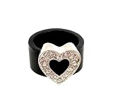 Ring - R55 - Silicone Ring with Heart Shape Crystal Charm - Size 7 (18mm) ~ Black