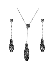 .925 Sterling Silver CZ Black Stud Drop Hangin Earrings and Matching Pendant-Necklace Set with 1.2mm Cable Rolo Chain - 16"+2" Inches Extension