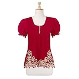 Floral Embroidered Scallop Trim Red Cotton Top (Petite, Tall  Misses Sizes XS-3X)