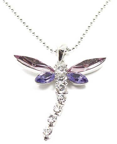 Beautiful Large Purple and Ice/White Crystal Dragonfly Charm Necklace Silver Tone Tail Moves