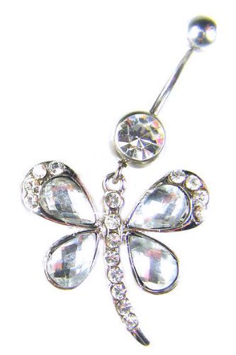Stainless Steel Dragonfly Belly Ring with Clear CZ