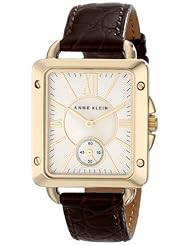 Anne Klein Womens AK/1402MPBN Rectangular Gold-Tone Brown Leather Strap Watch