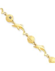 14 Karat Yellow Gold Dolphin and Shell Bracelet - 7 Inch