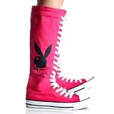 Playboy Bunny Lace up Knee High Boots Hot Pink Canvas Womens Sneakers