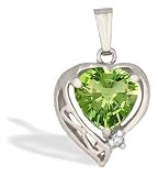 14K White Gold Genuine Heart Peridot and Diamond Pendant