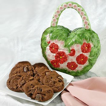 Heart-Flower Ceramic Handbag 1lb Dbl Chocolate Chunk Cookies by David