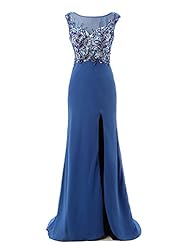 Sleeveless Mermaid Chiffon Scoop Neck Lace Sheer Slit Beaded Prom Dress  with a Brush/Sweep Train 