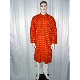 Mens Fashion Cinnabar Cotton Embroidered Kurta Pajama Xxl Chest 52 Inches