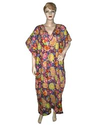 Resort Wear Womens Purple Yellow Printed Lightweight Sheer Cotton Coverup Dress Caftan Poncho