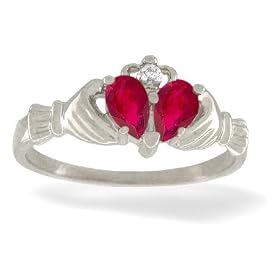 14K White Gold Genuine Pear Ruby and Diamond Celtic Claddagh Ring by Ruby Birthstones