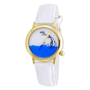 Women's Gold-Tone Rotating Jumping Dolphin White Leather Strap Watch