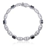 Platinum Plated Sterling Silver Black Cubic Zirconia and Diamond Oval Bracelet, 7.25