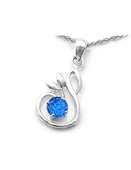 Original Star K (tm) Round Created Blue Opal Swan Pendant in 925 Sterling Silver