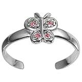 Rhodium Plated Sterling Silver 7mm Butterfly Pink CZ Toe Ring