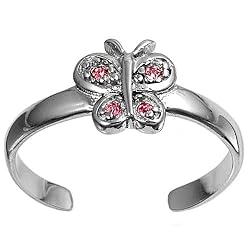 Sterling Silver Fashion Toe Ring - Butterfly with Pink CZ - 2mm Band Width