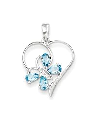 Sterling Silver SW Blue Topaz & Diamond Butterfly Heart Pendant