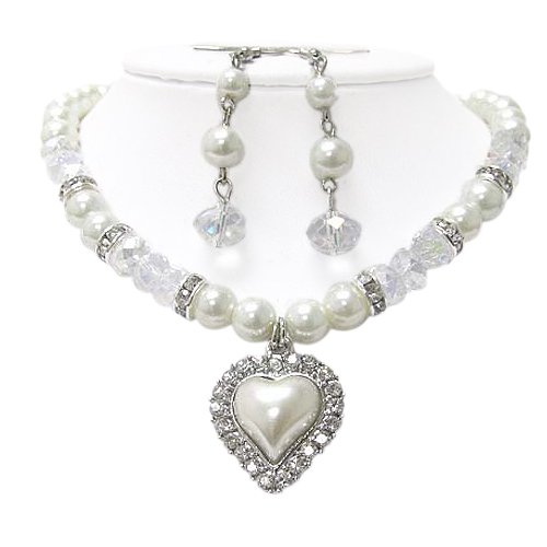 Crystal and Faux Pearl Heart Pendant Necklace and Earrings Set