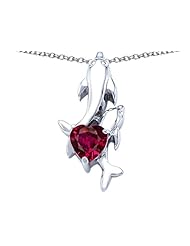 Original Star K (tm) 7mm Heart Shape Created Ruby Two Swimming Dolphin Pendant in 925 Sterling Silver