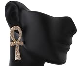 Ladies Gold with Clear Iced Out Ankh Cross Stud Earrings