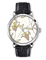 SPRAWL Aanalog Fashion Series Silver Ladies Watches of Genuine Black Leather Strap,Unique Wrist Watch for Women Girls Designed with Drawing lily flowers
