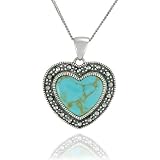 Sterling Silver Marcasite and Turquoise Heart Pendant, 18
