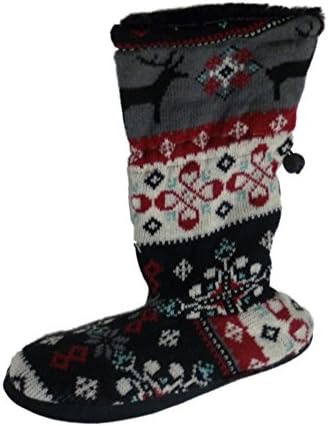 Lukees by Mukluks Black Gray Snowflake knit Boot Style Slippers Faux Fur Booties