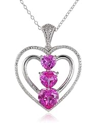 Sterling Silver, Created Pink Sapphire, and Diamond Heart Pendant Necklace, 18"
