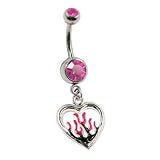 14 Gauge 3/8 Pink Flaming Heart Charm - Surgical Steel Curved Barbell For Tongue Area