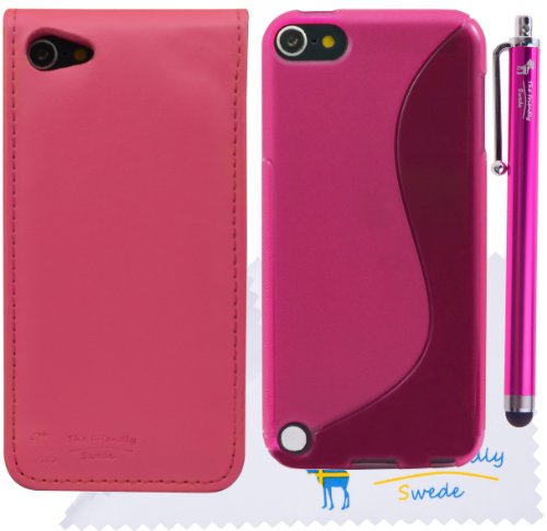 The Friendly Swede (TM) PU Leather Flip-Up Folding Case/Cover + S-Line Flexible TPU Case for Apple iPod Touch 5 + Matching Stylus + Screen Protector + Cleaning Cloth in Retail Packaging (Pink)
