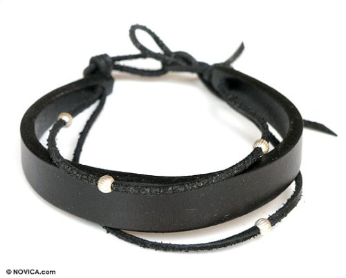 Leather bracelet, 'Black Buoyancy' 0.7 W 7.9 L