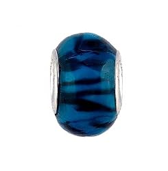 Pandora Style Charm Bead (Z282) Murano Style Glass (13mm x 9mm) (fits Troll too) ~ Teal Blue with Black Tiger Stripes