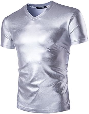 Thiness Mens Metallic V-Neck T-shirts with Short Sleeve Gold Black Silver