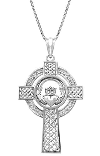 Sterling silver claddagh celtic cross pendant with 18&q…