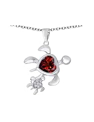 Original Star K (tm) Good Luck Mother and Child Turtle Pendant with Heart Shape Simulated Garnet in 925 Sterling Silver