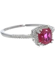 10k White Gold, July Birthstone, Created Ruby and Diamond Cushion Ring, Size 7